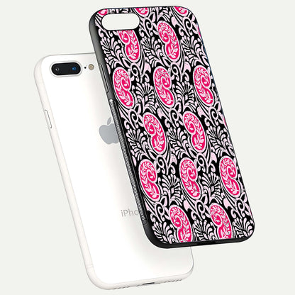 Crimson Paisley Charm Glass Case for iPhone 8 Plus floating mockup showing gloss shine and texture clarity