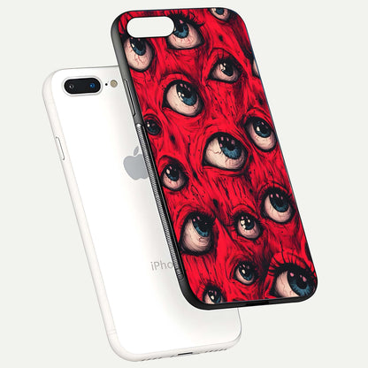 Crimson Watch Eyes Glass Case for iPhone 8 Plus floating mockup showing HD polish and bright gloss