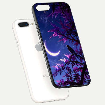 Crow & Moon Scenery Glass Case for iPhone 8 Plus floating mockup showing HD gloss texture and soft moonlight glow