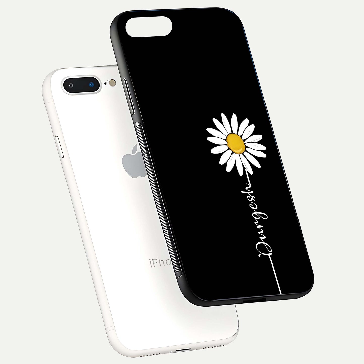 Custom Name White Flower Glass Case for iPhone 8 Plus floating mockup displaying HD gloss and delicate texture