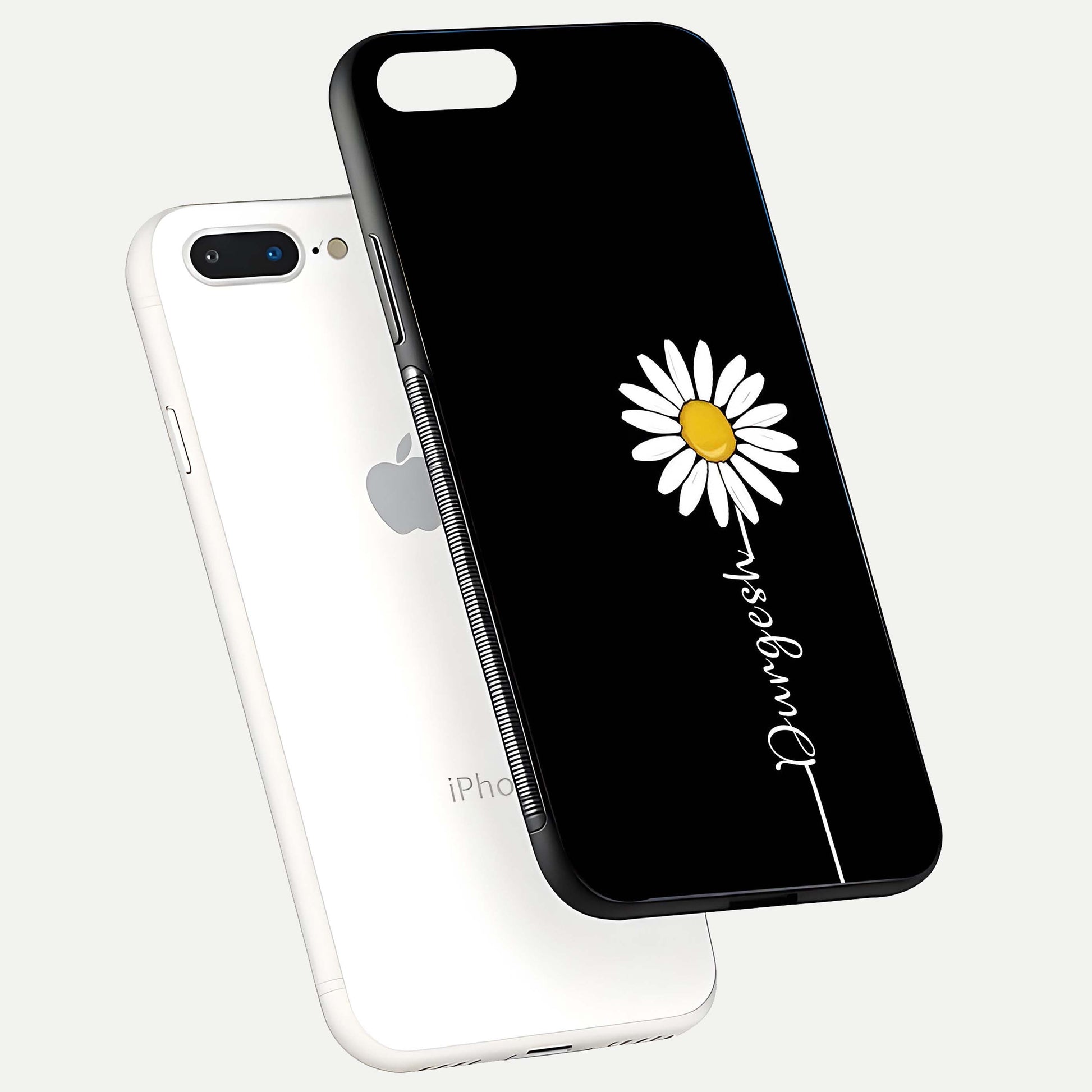 Custom Name White Flower Glass Case for iPhone 8 Plus floating mockup displaying HD gloss and delicate texture