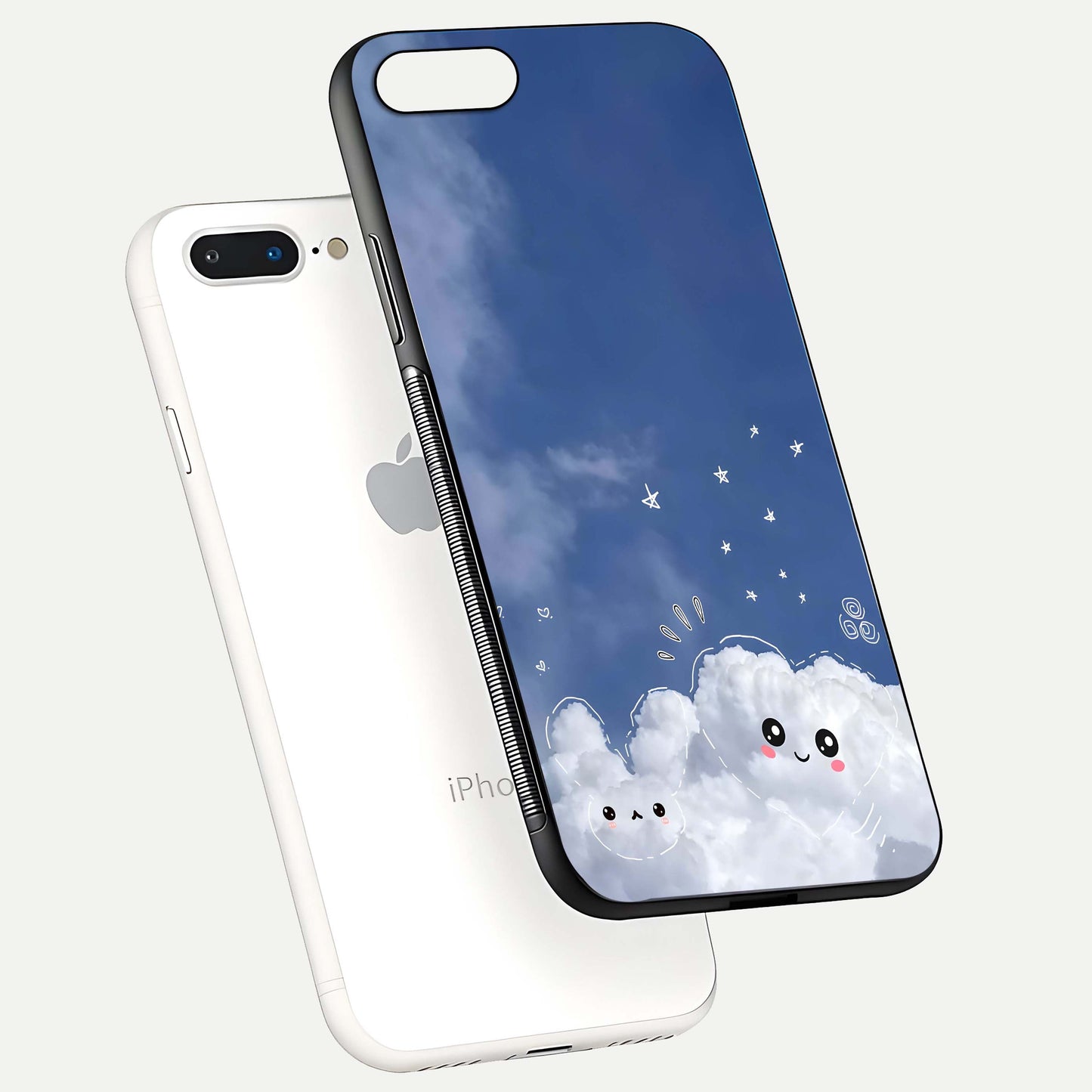 Cute Blossom Cloud Glass Case for iPhone 8 Plus floating mockup showing HD shine and soft gradient finish