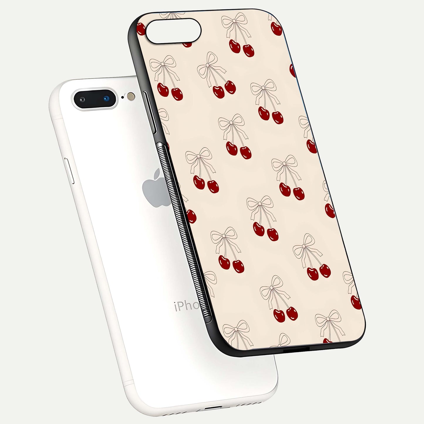 Cute Cherry Pattern Glass Case for iPhone 8 Plus floating mockup showing HD gloss shine and clear tones