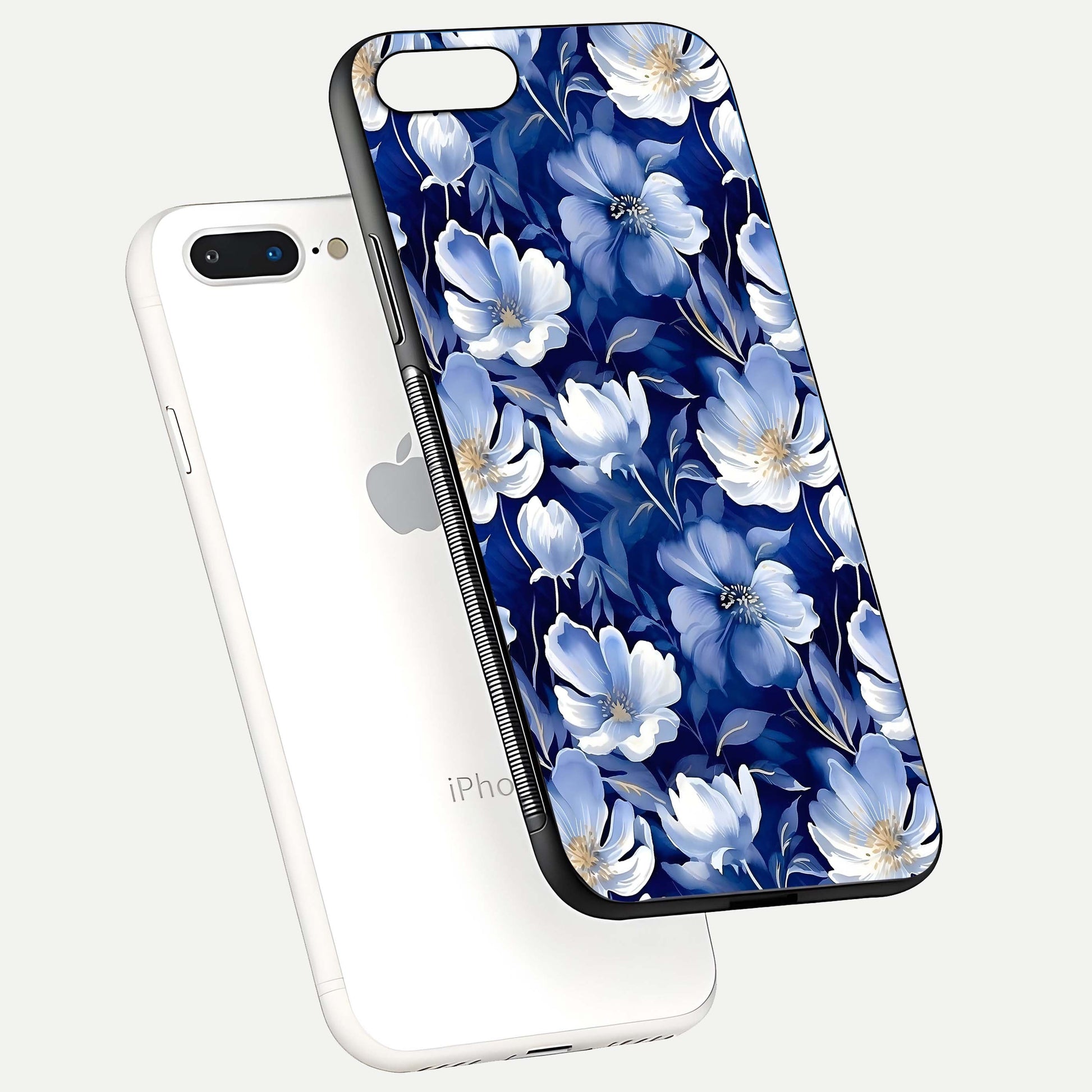 Cute Floral Patterns Glass Case for iPhone 8 Plus floating mockup showing shine depth and design clarity