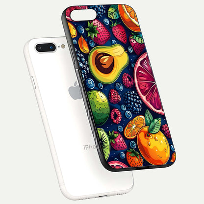 Cute Fruits Art Glass Case for iPhone 8 Plus floating mockup showing gloss brightness and vivid artwork
