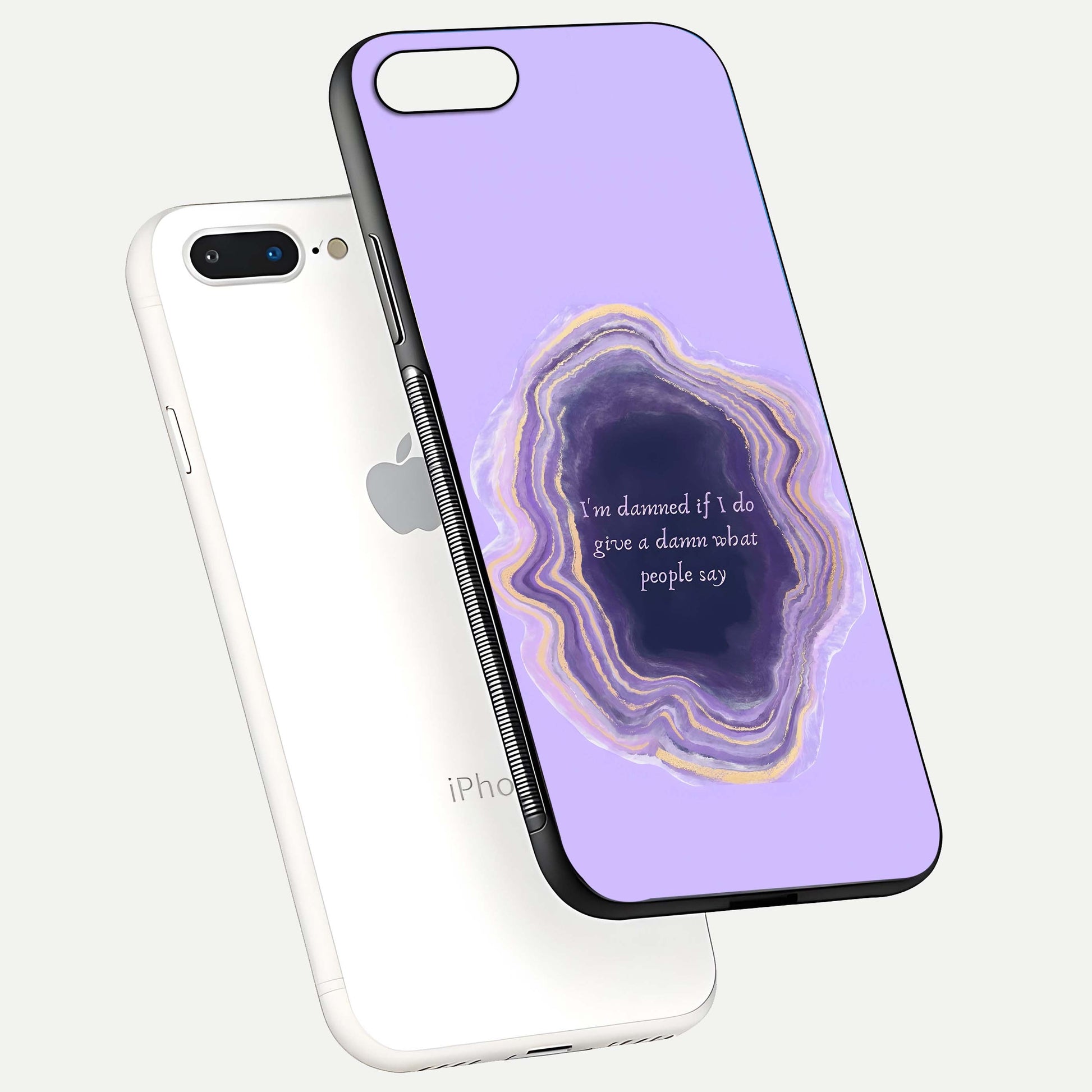 Damned People Quote Glass Case for iPhone 8 Plus floating mockup showing gloss reflection and text balance