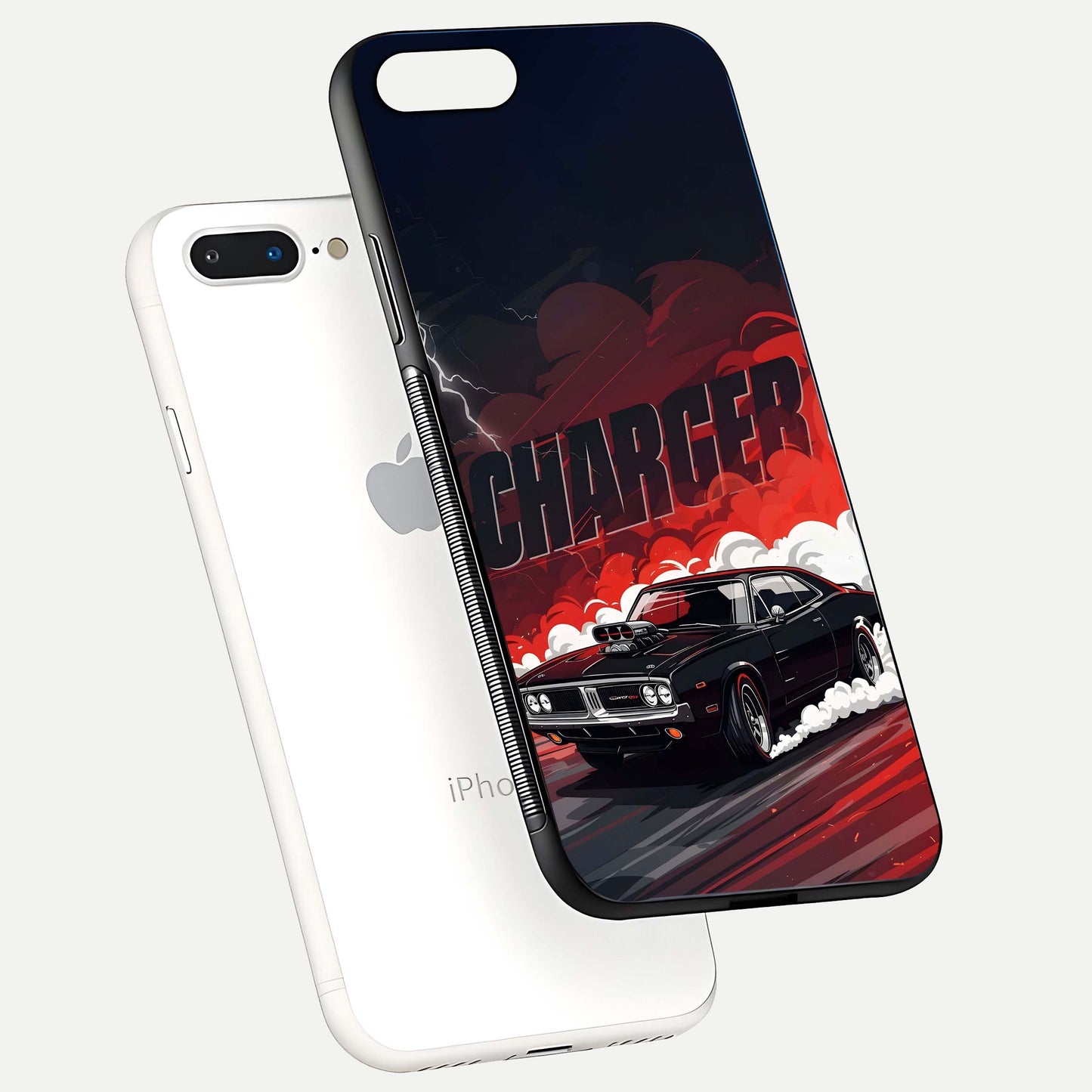 Dark Charger Fury Glass Case for iPhone 8 Plus floating mockup showing reflection depth and shiny surface