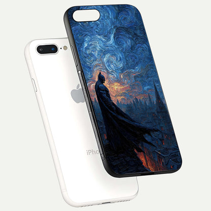 Dark Knight Dusk Glass Case for iPhone 8 Plus floating mockup showing glossy depth and cinematic lighting