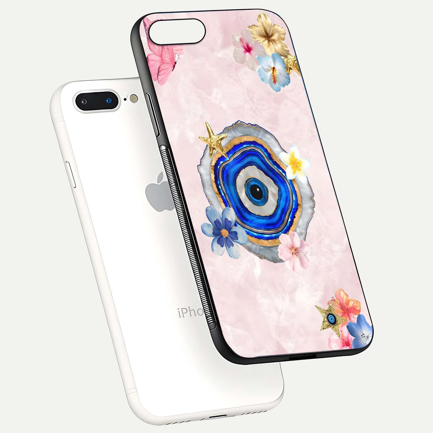 Divine Aura Bloom Glass Case for iPhone 8 Plus floating mockup showing gloss texture and elegant design