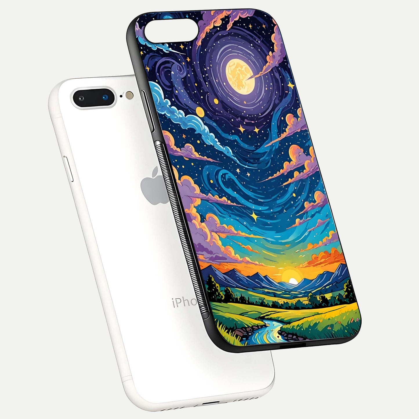 Dreamy Night Landscape Glass Case for iPhone 8 Plus floating mockup showing glossy depth and serene color