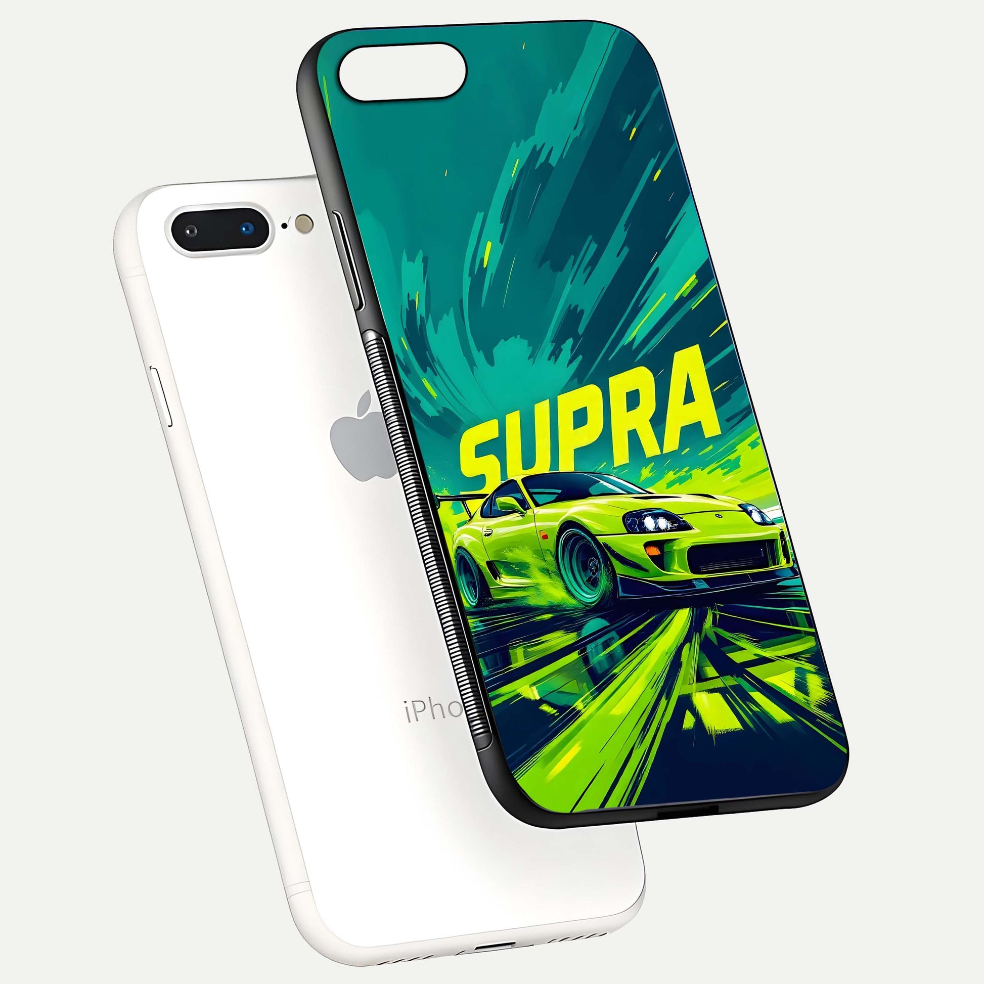 Electric Supra Thunder Glass Case for iPhone 8 Plus floating mockup showing gloss depth and energy glow