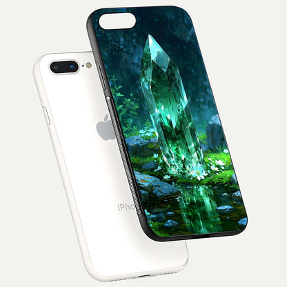 Emerald Light Crystal Glass Case for iPhone 8 Plus floating mockup showing glossy finish and radiant light pattern