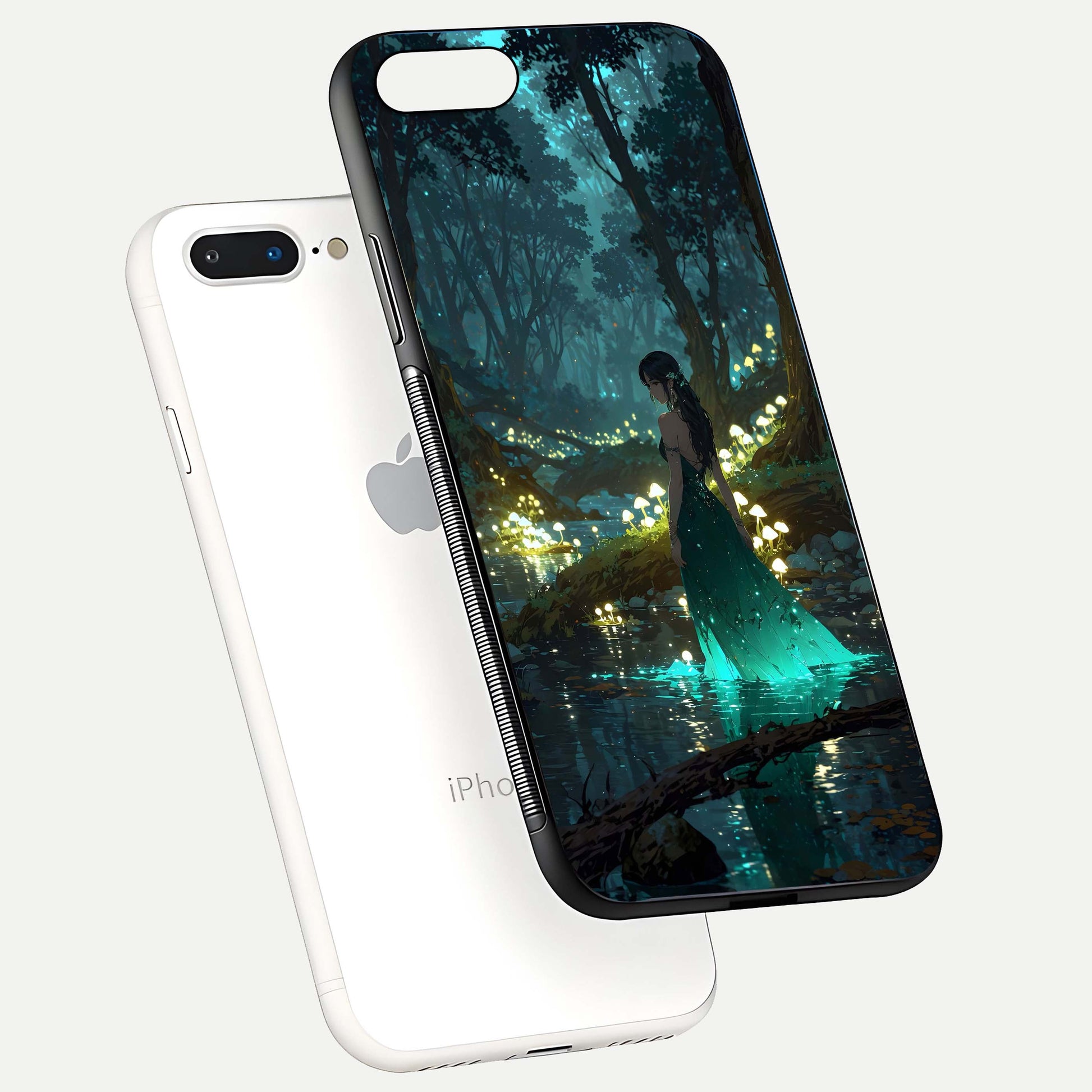 Enchanted Forest Glow Glass Case for iPhone 8 Plus floating mockup showing gloss polish and fantasy vibe