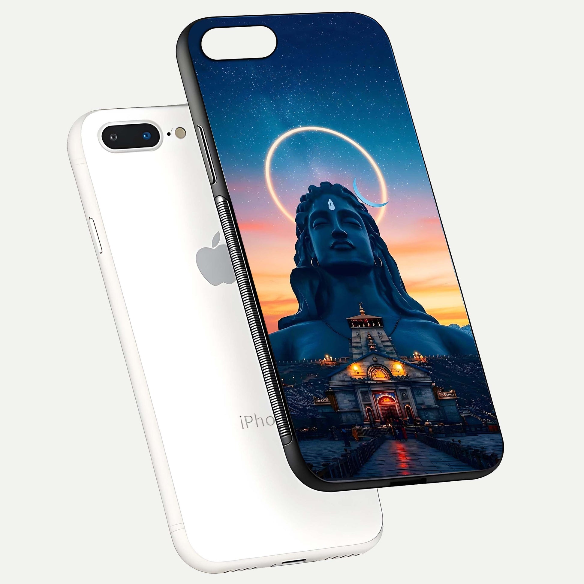 Eternal Shiva Aura Glass Case for iPhone 8 Plus floating mockup showing gloss texture and spiritual glow