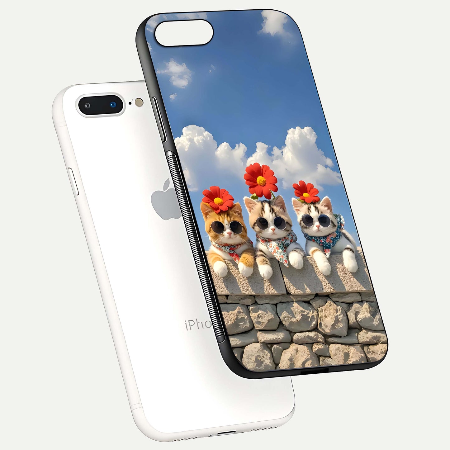 Floral Kitty Squad Glass Case for iPhone 8 Plus floating mockup showing gloss texture and playful charm
