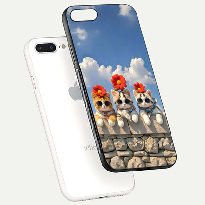Floral Kitty Squad Glass Case for iPhone 8 Plus floating mockup showing gloss texture and playful charm