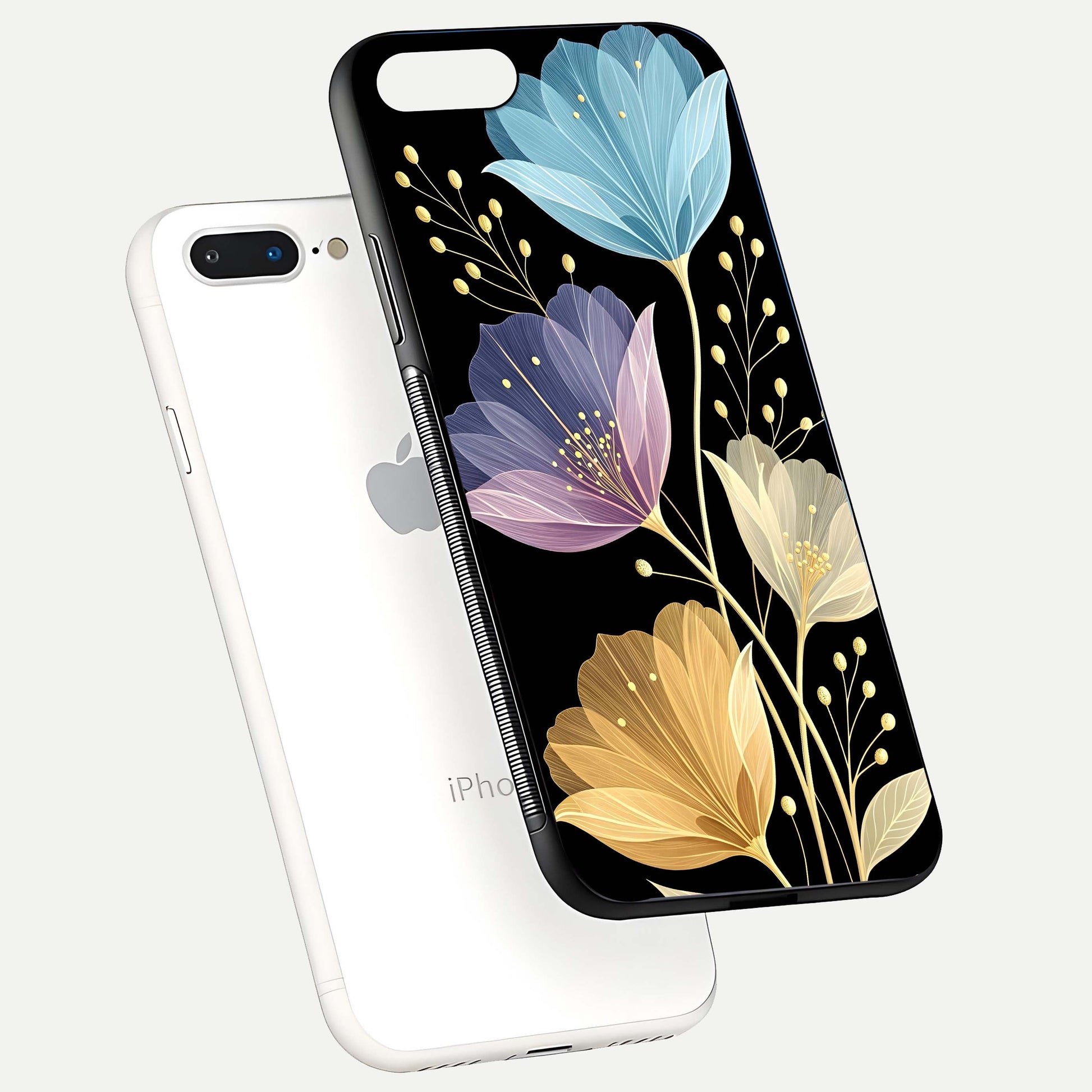 Flower Bloom Glow Glass Case for iPhone 8 Plus floating mockup showing HD shine and artistic detail