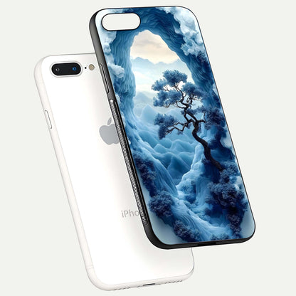 Frozen Serenity Gate Glass Case for iPhone 8 Plus floating mockup showing glossy depth and crystal glow