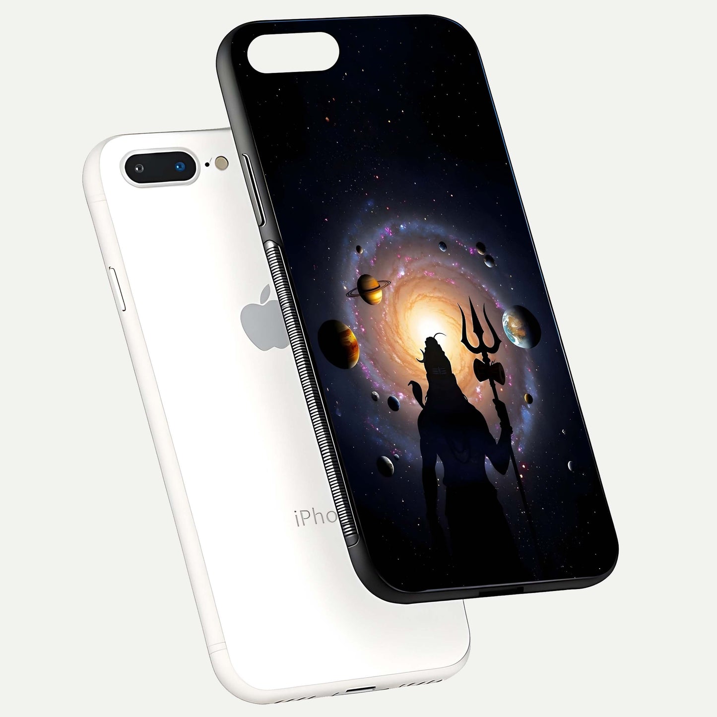 Galactic Shiva Vision Glass Case for iPhone 8 Plus floating dual-view mockup displaying vibrant cosmic colors and smooth gloss texture