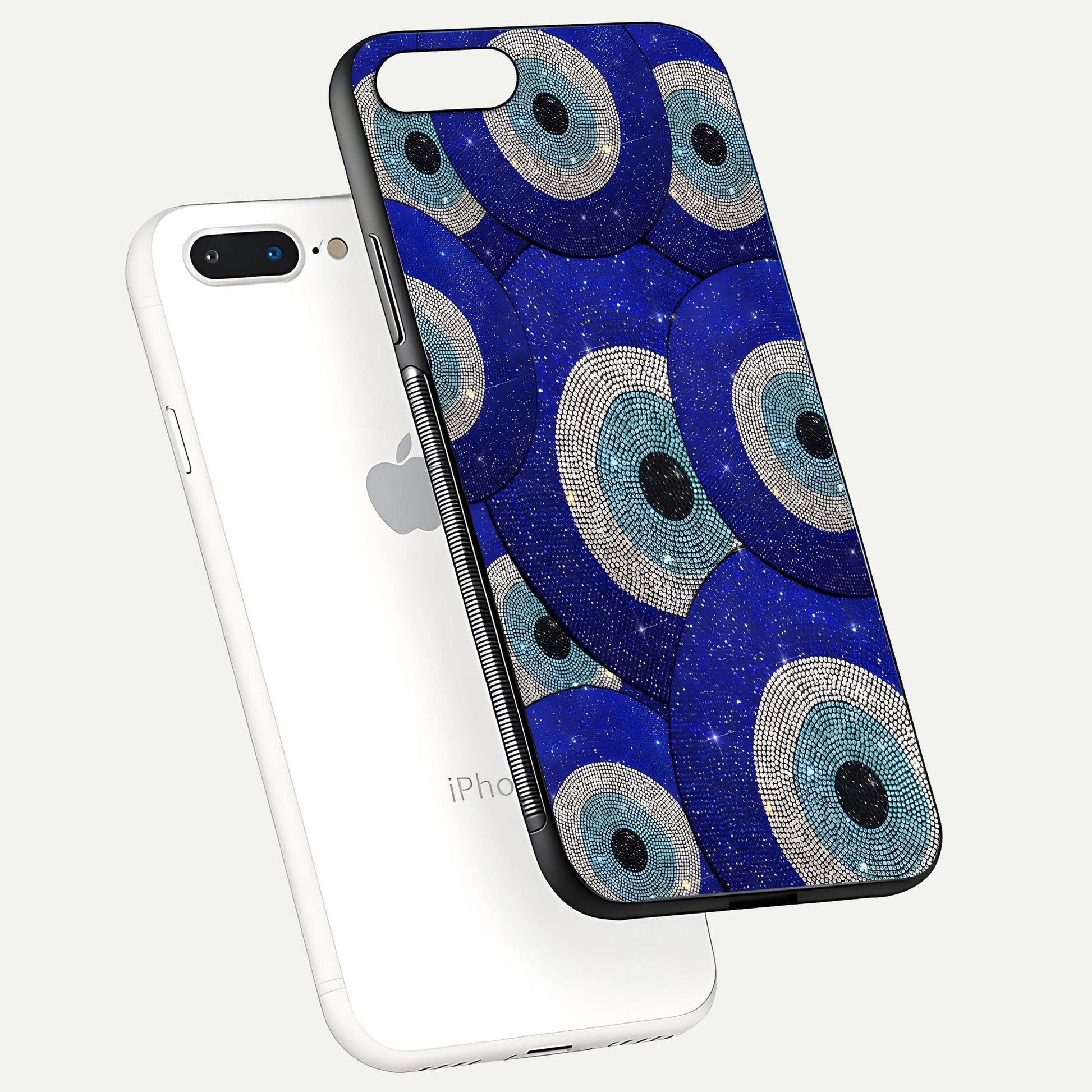 Galaxy Eye Flow Glass Case for iPhone 8 Plus floating dual-view mockup showing gloss polish and glowing tones