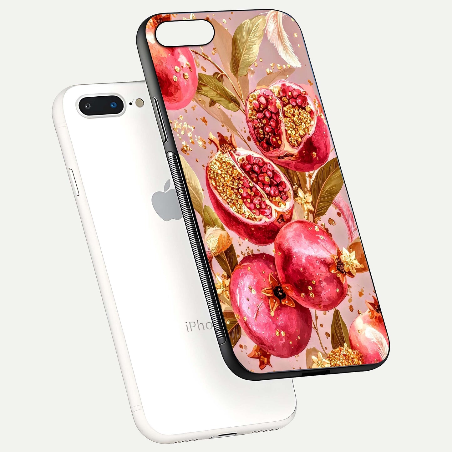 Golden Bloom Glow Glass Case for iPhone 8 Plus floating dual-view mockup showing glossy shine and golden shimmer