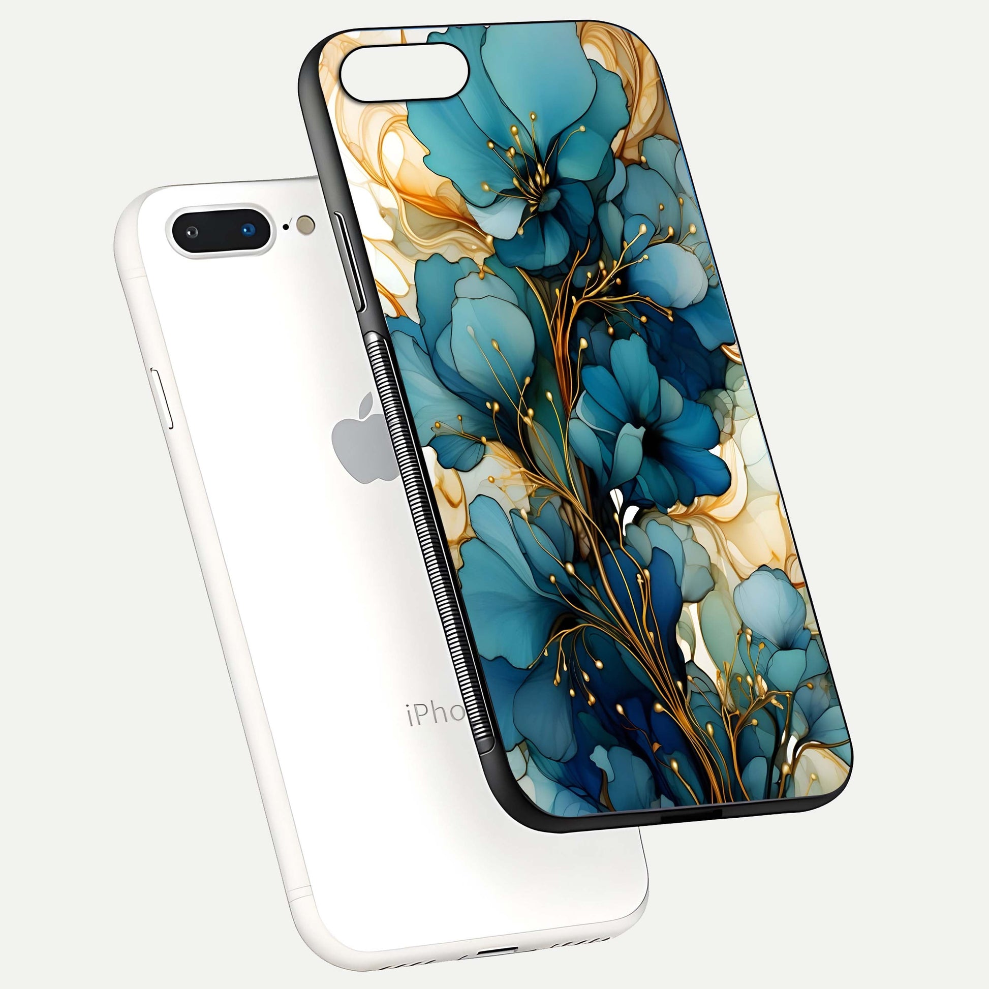 Golden Bloom Symphony Glass Case for iPhone 8 Plus floating dual-view mockup displaying shine texture and luxury pattern