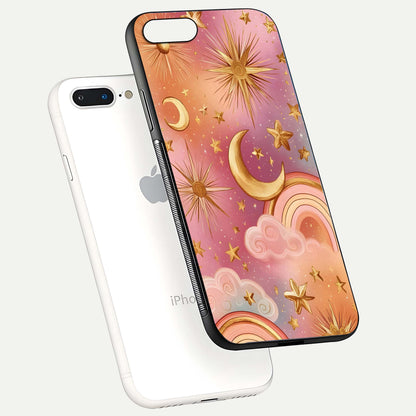 Golden Celestial Dreams Glass Case for iPhone 8 Plus floating dual-view mockup showing gloss surface and dream-like glow