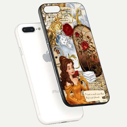Golden Dream Belle Glass Case for iPhone 8 Plus floating dual-view mockup highlighting gloss texture and elegant shimmer