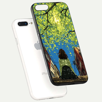 Golden Leaves Glow Glass Case for iPhone 8 Plus floating dual-view mockup showing gloss depth and gold-leaf detail