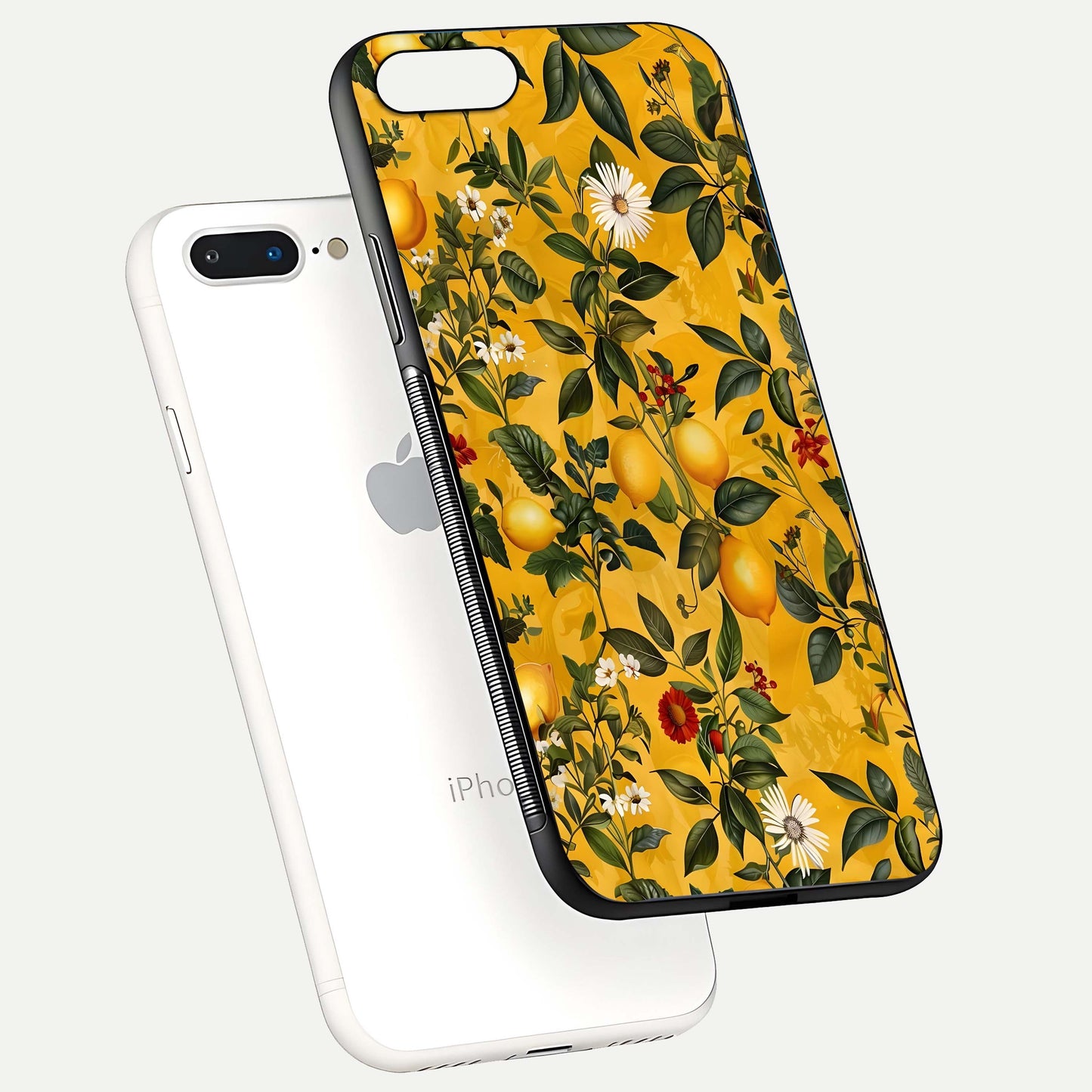 Golden Lemon Field Glass Case for iPhone 8 Plus floating dual-view mockup showing gloss shine and yellow-gold palette