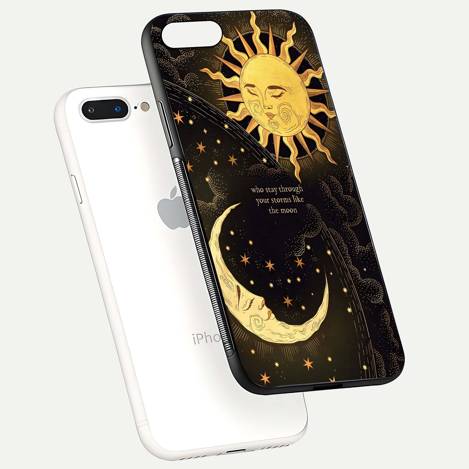 Golden Lunar Love Glass Case for iPhone 8 Plus floating dual-view mockup showing glossy glow and romantic theme