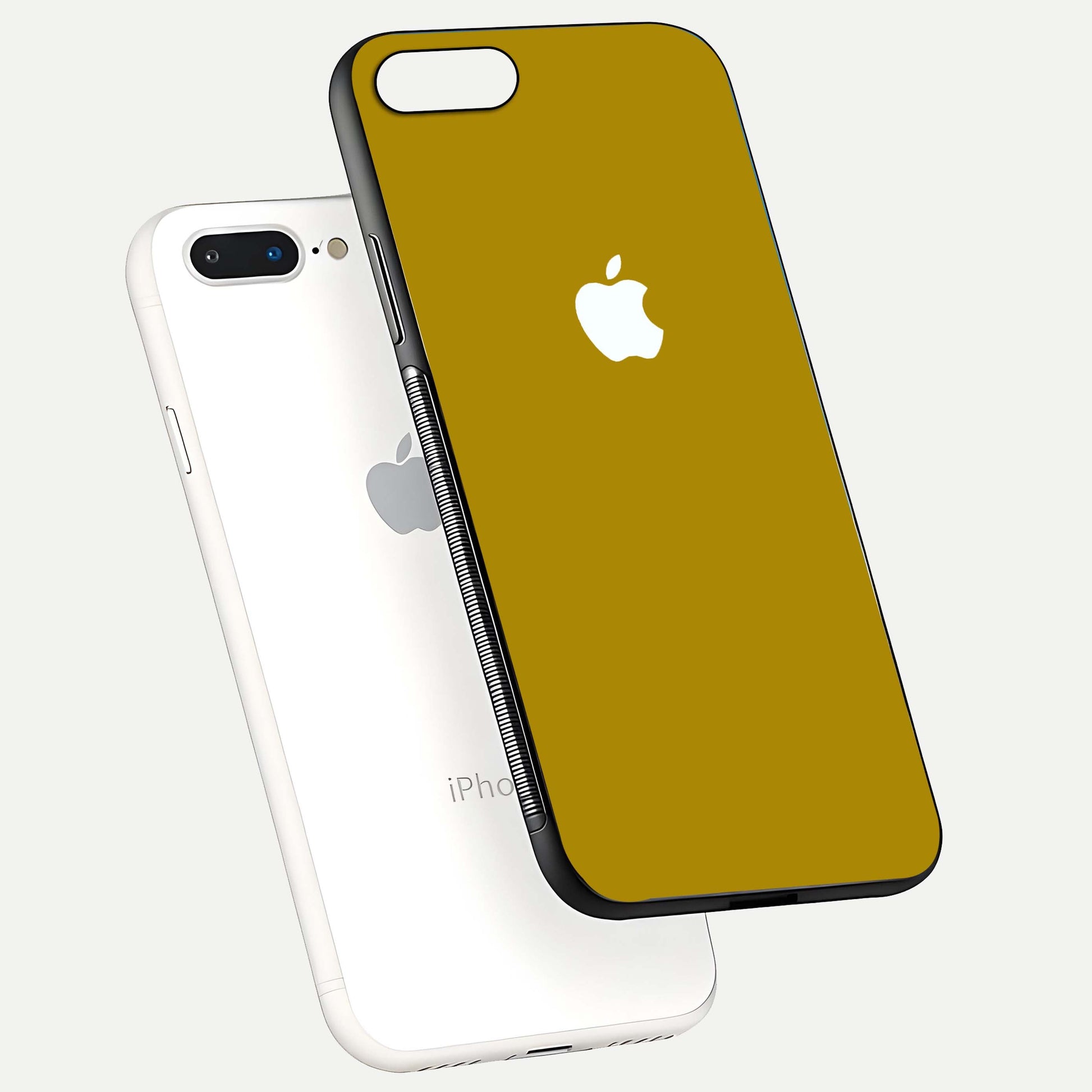 Golden Luxe Aura Glass Case for iPhone 8 Plus floating dual-view mockup showing glossy texture and elegant gold gradient