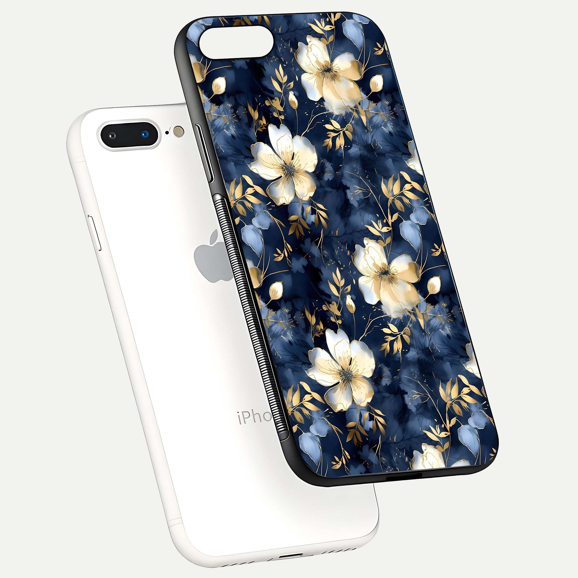 Golden Midnight Bloom Glass Case for iPhone 8 Plus floating dual-view mockup showing gloss polish and metallic reflection
