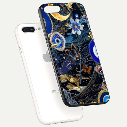 Golden Moon Magic Glass Case for iPhone 8 Plus floating dual-view mockup showing gloss texture and golden illumination