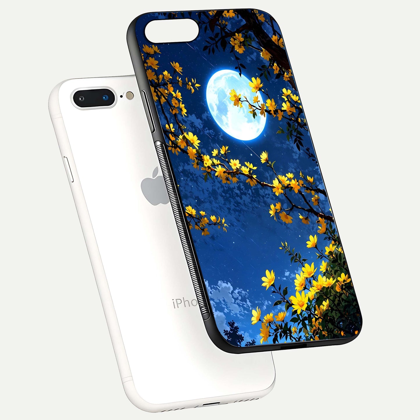 Golden Night Glow Glass Case for iPhone 8 Plus floating dual-view mockup showing gloss polish and luxury shine