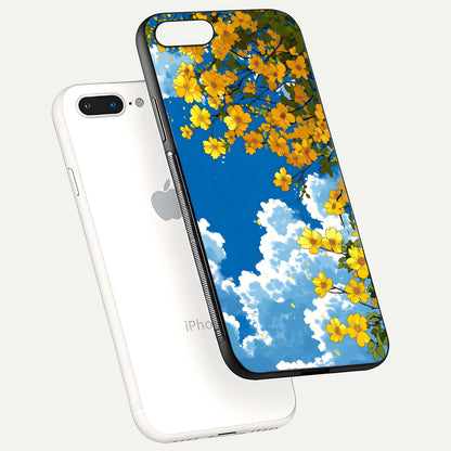Golden Petal Sky Glass Case for iPhone 8 Plus floating dual-view mockup showing gloss brilliance and gold detail