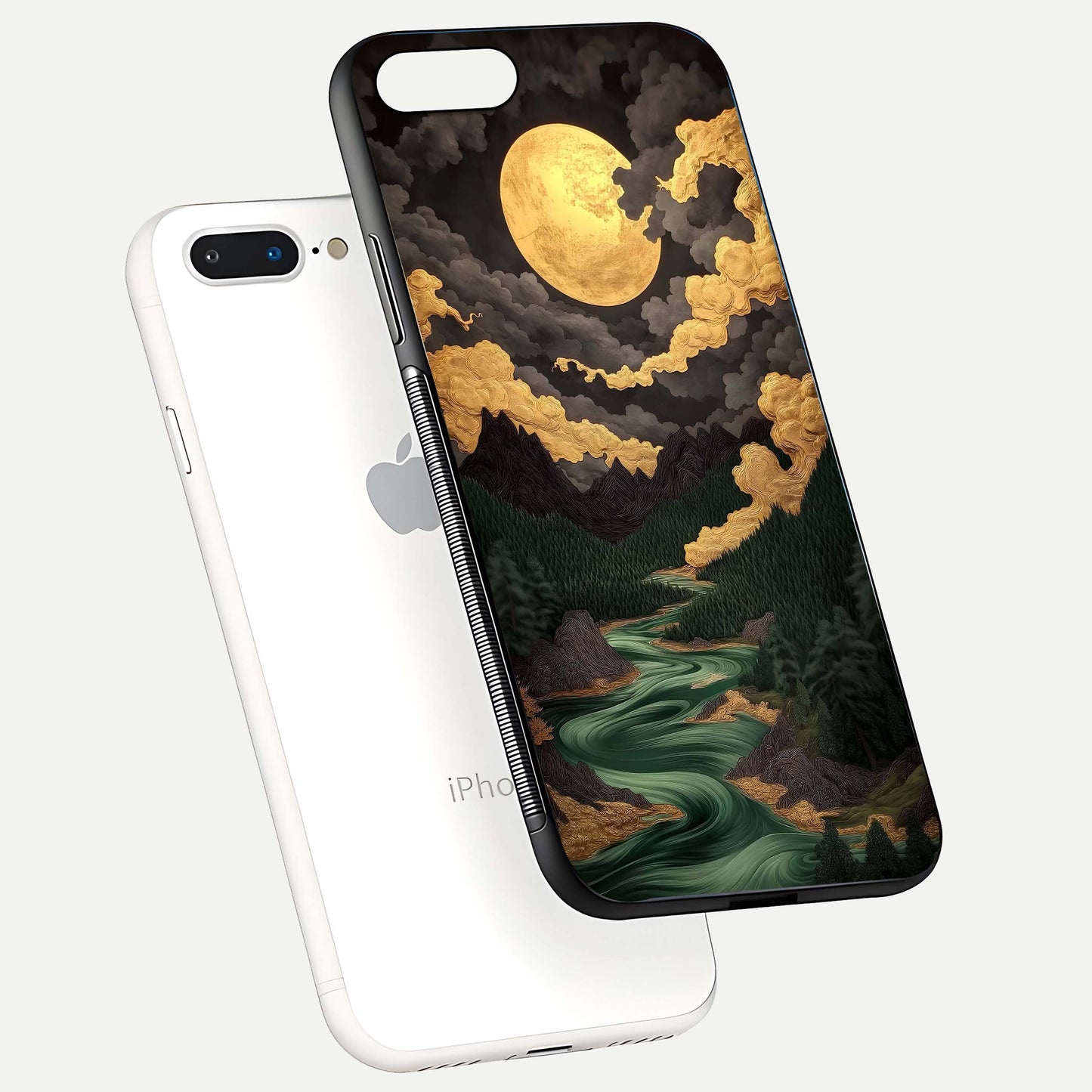 Golden River Moon Glass Case for iPhone 8 Plus floating dual-view mockup showing gloss surface and luxury tone