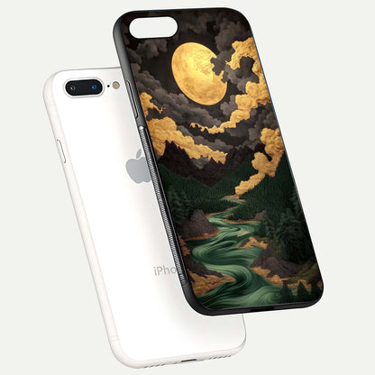 Golden River Moon Glass Case for iPhone 8 Plus floating dual-view mockup showing gloss surface and luxury tone
