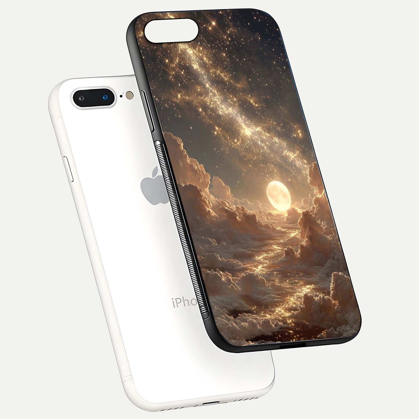 Golden Sky Dream Glass Case for iPhone 8 Plus floating dual-view mockup showing gloss depth and elegant finish