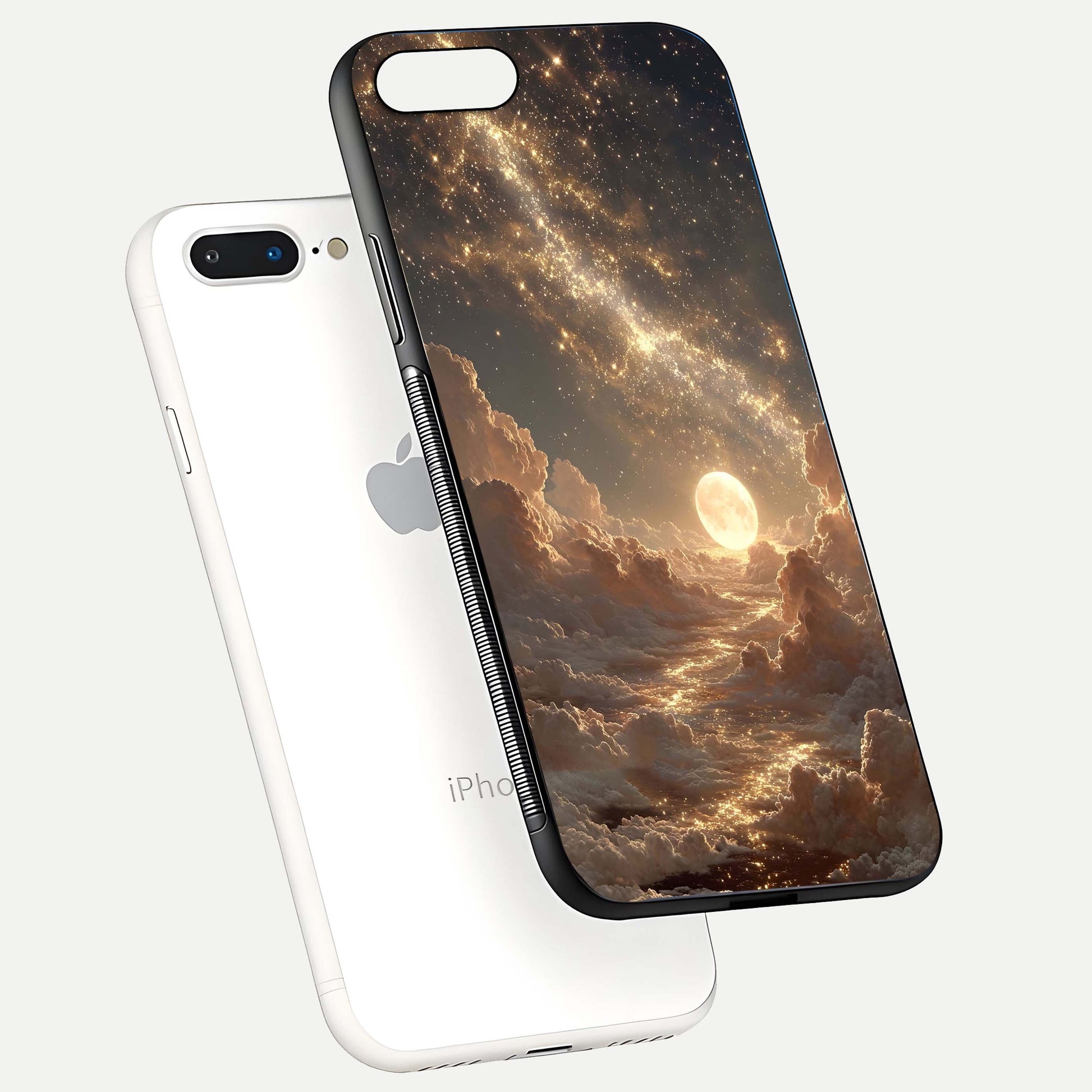 Golden Sky Dream Glass Case for iPhone 8 Plus floating dual-view mockup showing gloss depth and elegant finish