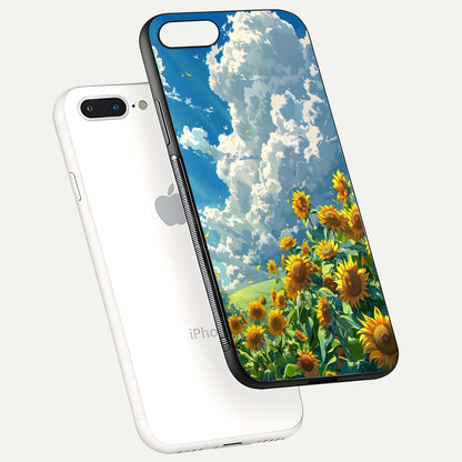 Golden Sun Glory Glass Case for iPhone 8 Plus floating dual-view mockup showing gloss shine and premium surface