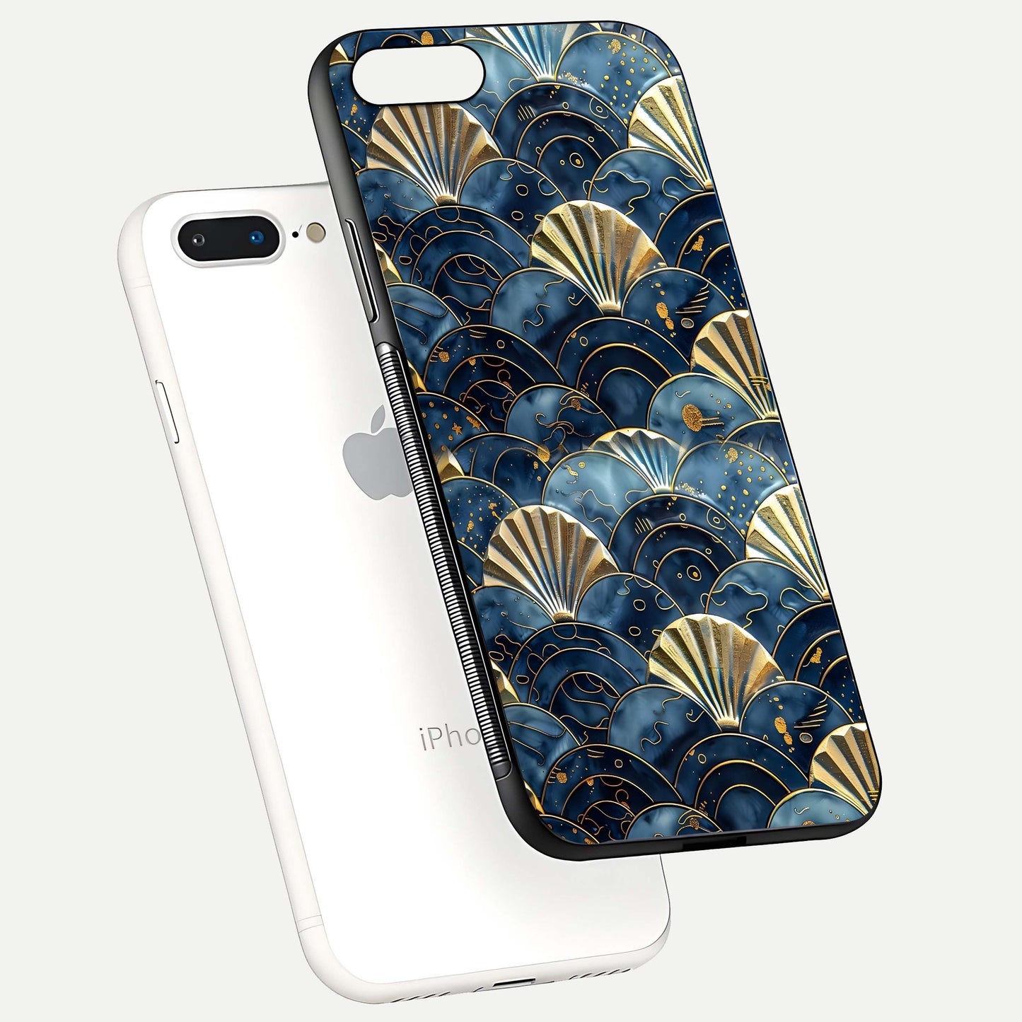Golden Wave Luxe Glass Case for iPhone 8 Plus floating dual-view mockup showing gloss surface and shimmering tones