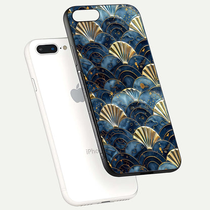 Golden Wave Luxe Glass Case for iPhone 8 Plus floating dual-view mockup showing gloss surface and shimmering tones