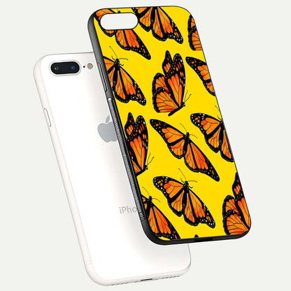 Golden Wing Flight Glass Case for iPhone 8 Plus floating dual-view mockup showing gloss reflection and luxury tone