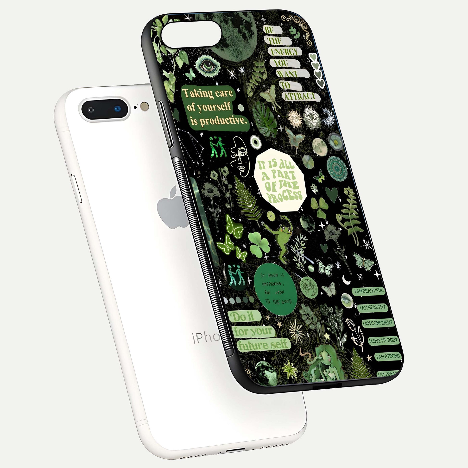 Green Moon Energy Glass Case for iPhone 8 Plus floating dual-view mockup showing glossy texture and energy aura