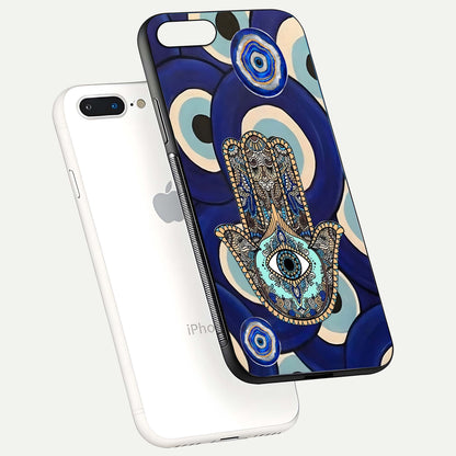 Hamsa Divine Guard Glass Case for iPhone 8 Plus floating dual-view mockup showing gloss shine and mystical pattern
