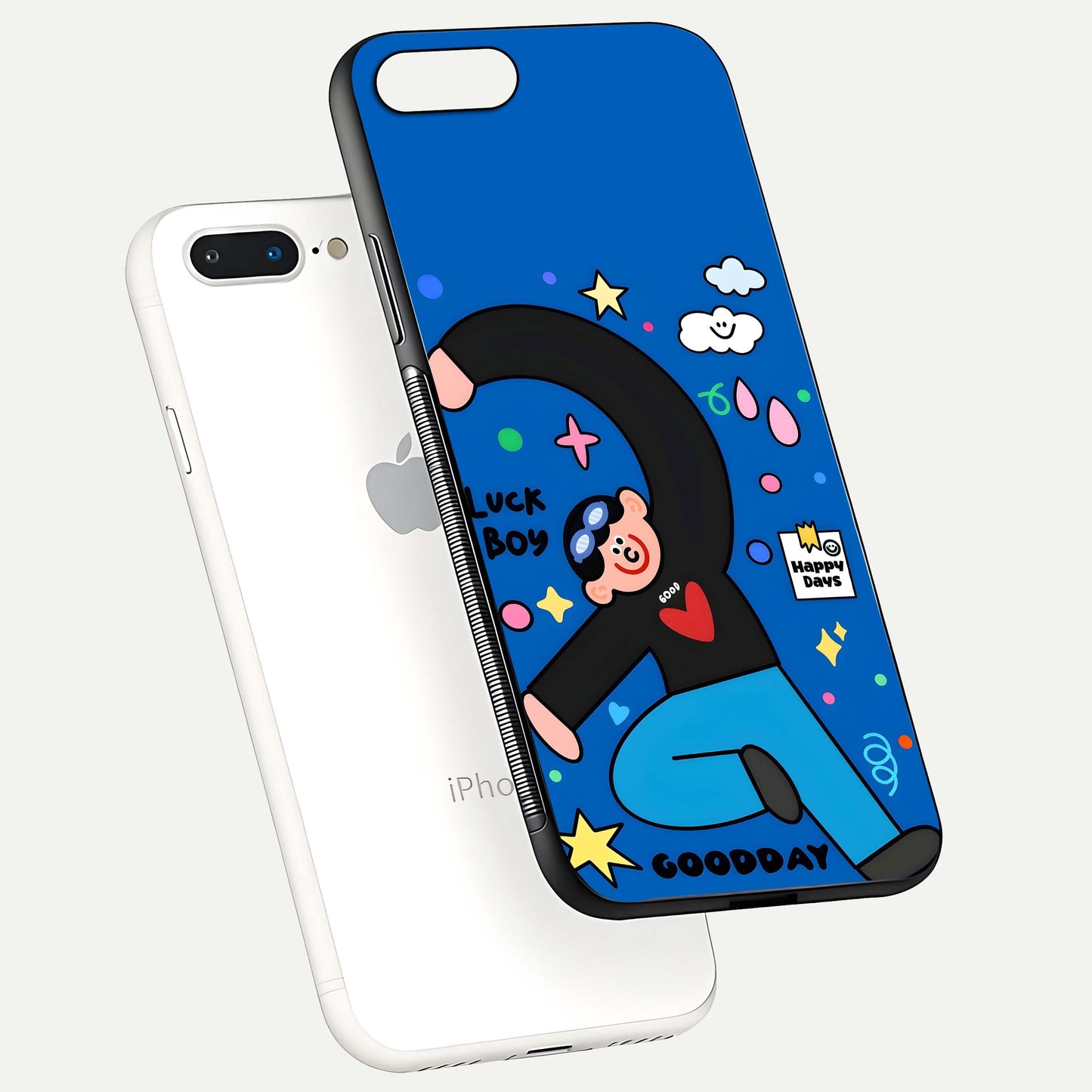 Happy Luck Vibe Glass Case for iPhone 8 Plus floating dual-view mockup showing glossy tone and bright finish