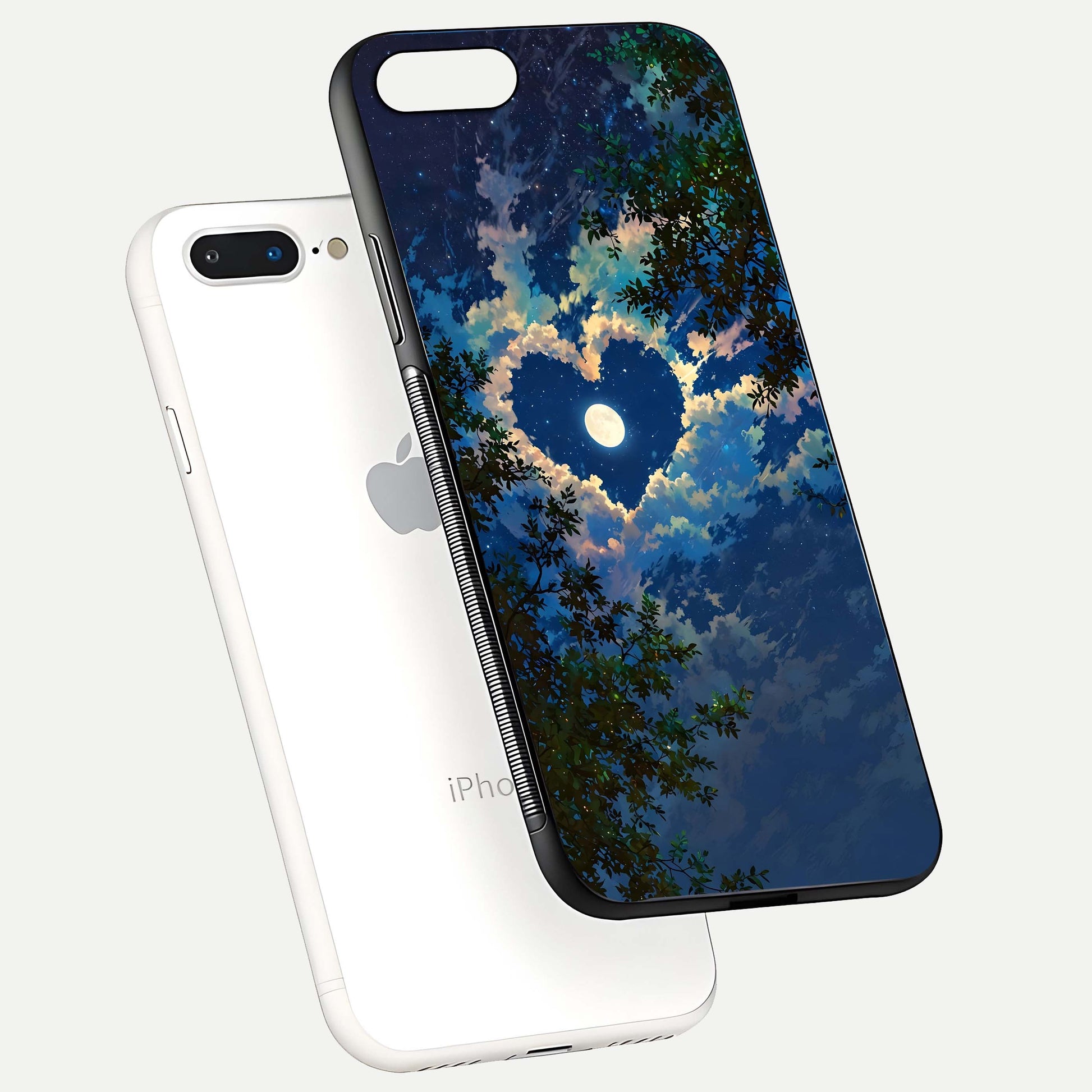 Heart with Moon Sky Glass Case for iPhone 8 Plus floating dual-view mockup showing gloss texture and romantic sky glow