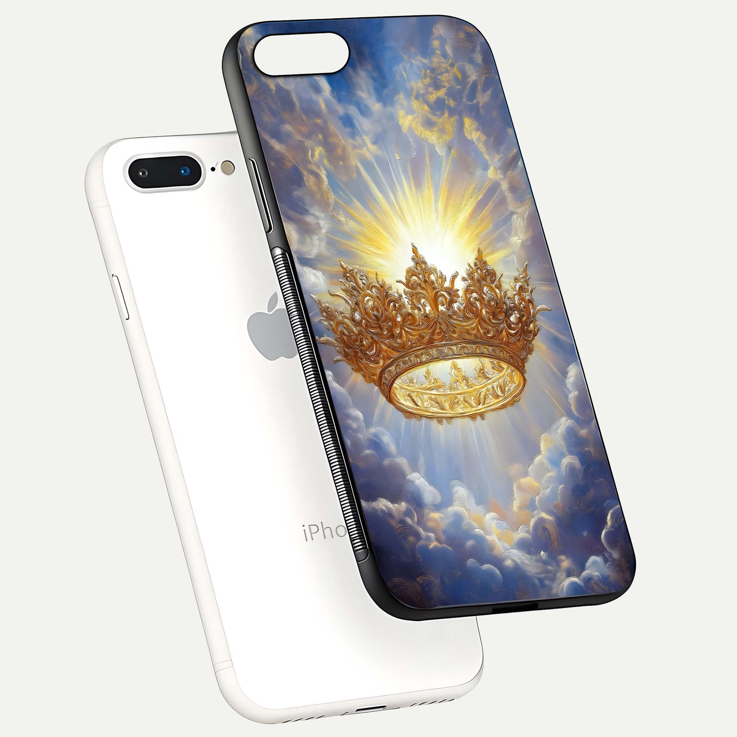 Heavenly Crown Light Glass Case for iPhone 8 Plus floating dual-view mockup showing gloss shine and luminous crown texture