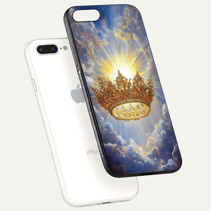 Heavenly Crown Light Glass Case for iPhone 8 Plus floating dual-view mockup showing gloss shine and luminous crown texture